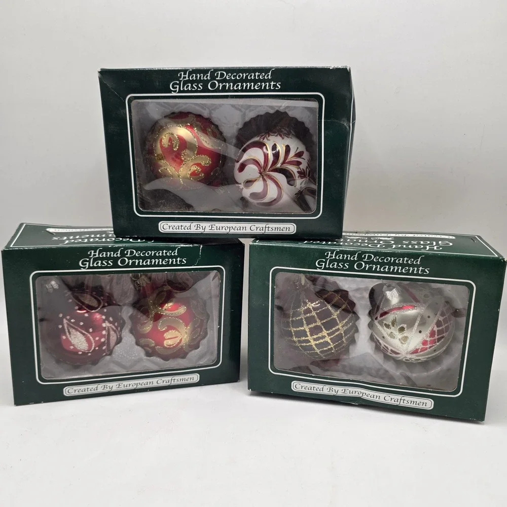 Ornaments Red Gold White Hand Decorated Set of 6